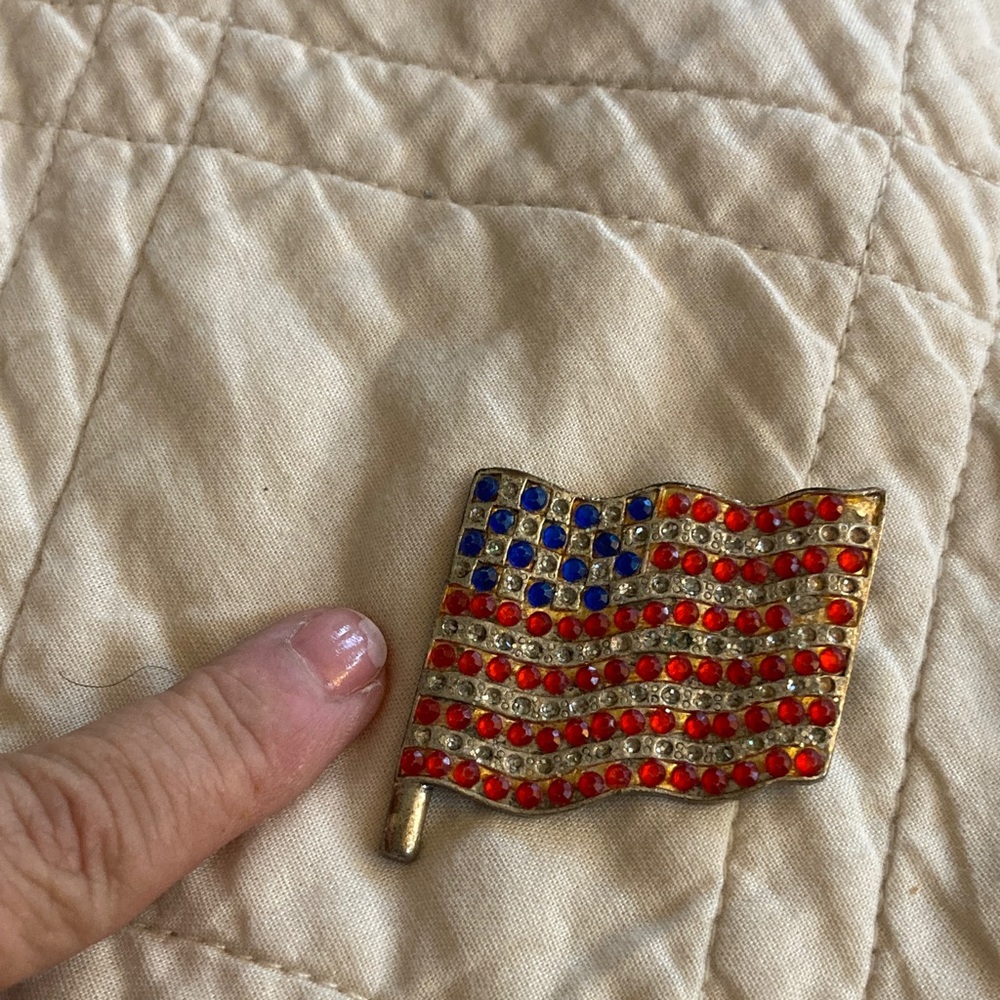 American Flag Brooch with Red and Blue Crystals large 2” across.